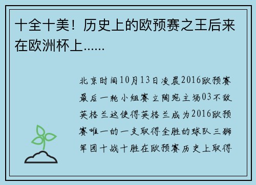十全十美！历史上的欧预赛之王后来在欧洲杯上......
