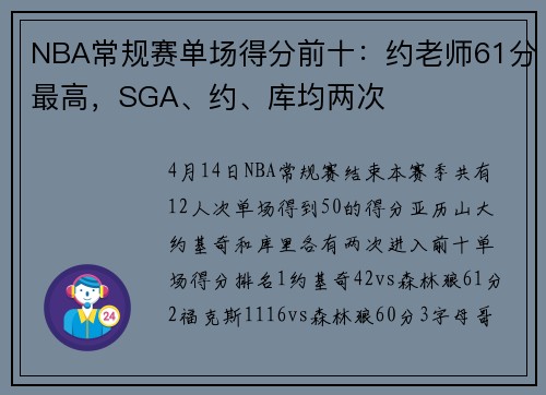 NBA常规赛单场得分前十：约老师61分最高，SGA、约、库均两次