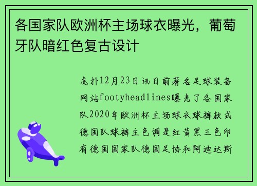 各国家队欧洲杯主场球衣曝光，葡萄牙队暗红色复古设计
